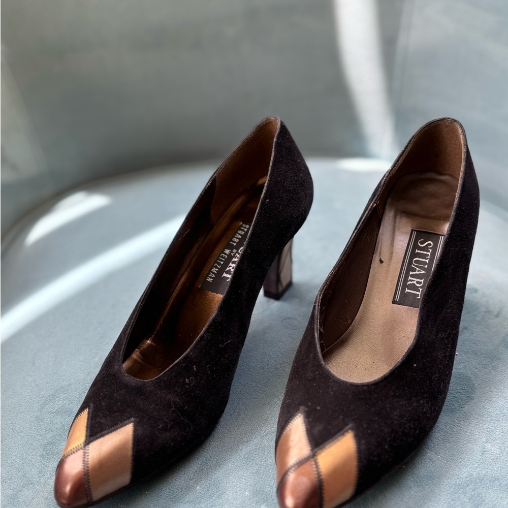 Black Suede Block Heel Pumps with Brown Accent